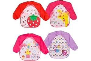 Baogaier Bavaglino con Maniche Bambina, 4 Pezzi Bavaglini Impermeabile Manica Lunga Bimba Morbido Lavabile Grembiule Svezzamento Bavette Pappe Neonati Asilo per Pittura Mangiare Giocando, Rosa