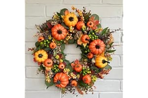 Bullpiano Herbstkranz, 45/50 cm Thanksgiving-Kränze für Haustür, Herbsternte-Kranz mit Blättern, Blumen, Kürbissen und Beeren, Thanksgiving-Dekorationen, Herbstdekorationen (C), (hanqi 15210)