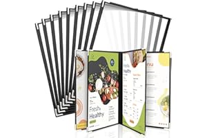 WenYa Lot de 10 couvertures de menu A4, 4 pages, 8 vues de style café, bordure noire, couverture transparente pour menu du vin avec protections d'angle en métal, compatible avec papier de format A4