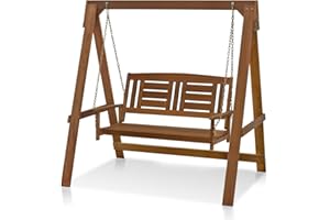 ‎FURINNO Furinno Tioman Outdoor Veranda-Hängeschaukel aus Hartholz mit Gerüst in Teak-Öl, Holz, Natürlich, 123.01 x 123.01 x 176 cm