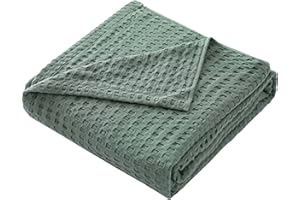 Hayisugal Bedspread, 100% Cotton Waffle Pique, Cuddly Blanket, Fluffy Blanket, Soft Summer Blanket, Waffle Look, Airy Cotton Blanket as Bed Throw, Sofa Couch Blanket, Green, 200 x 230 cm