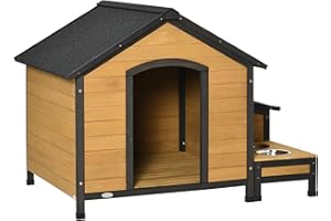 PawHut Hundehütte aus Holz Hundehaus Kleintierhaus mit 2 Hundeschüsseln Asphaltdach Outdoor wetterfeste Hütte für draußen Tannenholz Naturholz 130 x 93 x 92 cm