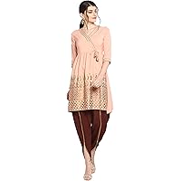 Janasya Women's Peach Poly Crepe Flared Kurta With Dhoti Pant