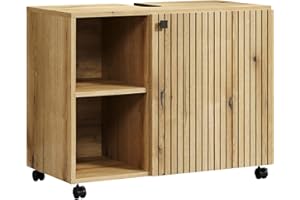 ‎TRENDTEAM SMART LIVING trendteam smart living - PureBliss - Waschbeckenunterschrank auf Rollen - Evoke Eiche - Rillenoptik - 2 offene Fächer + 1 Einlegeboden - (BxHxT) 80 x 64 x 42cm - edle Metallgriffe - kratzfest