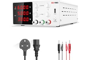 RUZIZAO Bench Power Supply Variable: 60V 5A Adjustable Switching Regulated High Precision 4-Digits LED Display 5V/2A USB Port Test Lead Output & Input Power Cord Bench Lab DC Power Supply