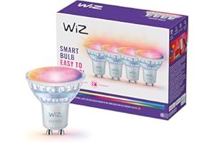 WiZ Spot LED connecté GU10 en verre, Multicolore et Blanc personnalisable, Équivalent 50 W, 2200-6500 K, 345 lumens, Intensité réglable, Compatible Alexa, Google Assistant et Apple Home, pack de 4