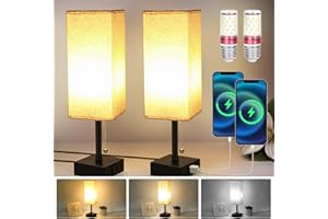 laoonl Bedside Lamps Pack of 2, Table Lamp for Bedroom, Bedside Light with USB C+A Ports, 3 Color Temperatures, Pull Chain Switch, White Linen Shade, Bed Side Lamps for Bedroom Living Room Kid's Room