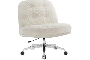 IWMH Krzesło biurowe bez podłokietników, szerokie i grube krzesło obrotowe z kółkami, z regulacją wysokości, ze sztruksu, ergonomiczne krzesło do czytania (białe)