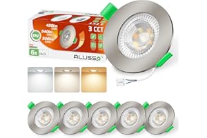 ALUSSO LIGHTING Spot LED Encastrable Nickel 6W 230V, Trou Φ68-75mm, Dimmable 3CCT Chaud Naturel Froid Blanc, 540lm Plafonnier Encastré, IP44 Étanche Spots de plafond Salle de Bain, Lot de 6