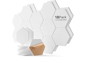 SOUNDSBAY Paneles acústicos hexagonales autoadhesivos, paquete de 18, insonorización de alta densidad para decoración de paredes y tratamiento acústico, blancos de 30 × 26 × 0,9 cm