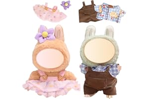 CARREUTY 4 Pcs 17cm Clothes Compatible with Labubu Doll, 2 Set Monster Doll Dress Accessories with Shirts Strap Pants Skirt Hair Clips, Cute Plush Clothes for 17cm Doll Boy and Girl for Best Gifts