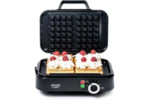 ‎ADLER EUROPE Adler Europe - Mała, podwójna gofrownica 2000 W - regulowany poziom ogrzewania - dwa klasyczne gofry jednocześnie - powłoka nieprzywierająca - 2 lampki kontrolne - głębokie płytki waflowe