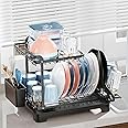 iSPECLE Dish Drainer Rack - Large Capacity 2 Tier Dish Racks for Kitchen Counter with Drainboard & Pan Slot, Multifunctional Dish Drying Rack with Cup Holder & Utensil Holder, Black