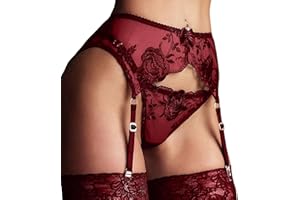 ROSVAJFY Liguero Encaje Sexy Mujer con 4 Clips Ajustables Tanga Medias,Ropa Interior Tirantes Cintura Alta Malla Transparente Ligas,Conjunto Lencería Encaje Floral 2 Piezas para San Valentín (Rojo)