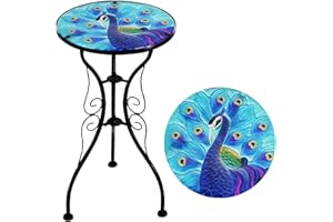 GEEZY Mosaic Garden Table – Blue Peacock Design, Weatherproof Glass & Iron, Small Round Outdoor Patio Coffee Versatile Bistro Side Table Plant Stand for Home & Gift, 30.5 cm Garden Tables Only
