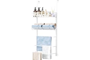 SWTYMIKI Over Door Towel Rack - 5 Tier Towel Storage Rack Wall Mounted with Metal Shelf, Over Door Towel Rail, Space-Saving Bathroom Towel Storage, Multi-Functional Bathroom Accessories, White