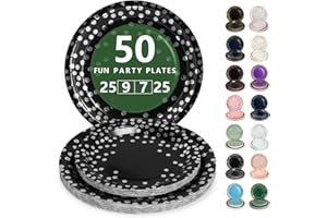Nkaiso Assiette Jetable Anniversaire, 50 Pièces Noir et Argent Vaisselle en carton - 25 Assiettes Plateaux 23cm & 25 Assiettes Dessert 18cm - Pour Mariage, Anniversaire & Événements