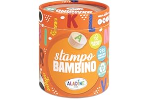 Aladine Infantiles Caja de 28 Sellos de Letras con Soporte de Madera Duradera, Etiqueta FSC + Tinta Negra – Ocio Creativo a Partir de 3 años – Tema, Stampo Bambino Alfabeto, Alphabet