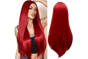 PORSMEER Peluca para mujer, larga, lisa, recta, para mujeres/niñas, peluca de pelo sintético para fiesta/disfraz (rojo)