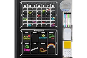 Tixlux Acrylic Magnetic Monthly and Weekly Calendar for Fridge, 2 Set 16"x12" Magnetic Clear Dry Erase Calendar Planning Board, with 4 Color Marker, 12 Silicone Cover, Magnetic Pen Holder & Eraser