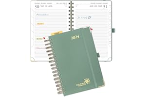 POPRUN Agenda 2024 Journalier Spirale 21,5 x 14,9 cm, 1 Page par jour de jan 2024 à déc 2024 avec Couverture Rigide, Poche intérieure, Papier Certifié FSC®80 g/m²- Vert Minuit