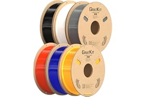 GratKit PETG Filamento per stampante 3D, 6 kg, 1,75 mm, -0,03 mm, 6 confezioni, 1 kg ciascuna, Nero, Bianco, Grigio, Rosso, Blu Trasparente, Giallo Trasparente