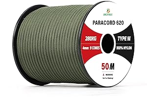 Brotree Paracorde 4mm 9 Brins Corde en 100% Nylon (15m, 30m, 50m) Type III Corde Parachute pour Survie, Extérieur, Bricolage - 280kg Charge de Rupture (Armée Verte, 50m)