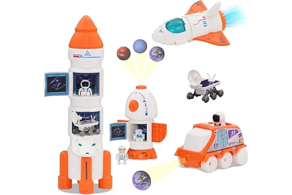 YULEYU Fusée Spatiale pour Enfants - Fusée Jouet Espace & Navette Spatiale Jouets, Modèle avec Astronaute (Orange), Effets Sonores Lumineux, Éducatif 3 Ans et Plus