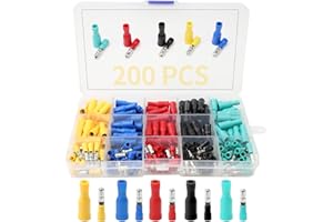 TOPCZY 200 PCS Bullet Connectors, Terminals Crimp Assortment Ring Butt Terminals, Insulated Crimp Terminals Electrical Wire Cable Connectors(Red, Yellow, Blue, Green, Black, 5 Different Sizes)