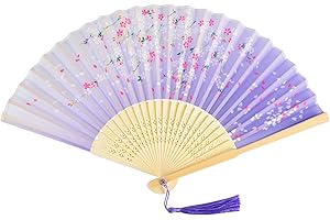 KEYIDO Violet Eventail Japonais Éventail Solide Bois Éventails Tissu Soie Evantail Bambou Chinois Evantaille Plié avec Frange Style pour Femme Mariage Été Enfant Fille Homme