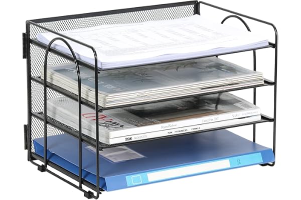 EasyPAG 4 Compartiments Métal Corbeilles à Courrier A4 Banette de Rangement Bureau Porte Revue Organisateur de Magazine Range Document Bannette Papier,Noir