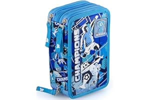 Julian Ross Plumier Triple Escolar 45 Piezas – con Bolígrafos Borrables, Tijeras, Pegamento – Fútbol Champions – Azul y Blanco – para Niños – Regalo o Colegio