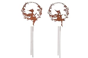 UNUS Garden Roststecker Elfe Blumenkranz, Gartendeko Rostoptik, Gartenstecker aus Edelrost, Rost Deko für Garten Terrasse Balkon Blumentopf, 2er Set