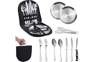 shallyong Cubiertos Camping, 10 Piezas Platos Camping Set, Vajilla Camping 2 Personas de Acero Inoxidable, Portátil con Platos Cuchillos Tenedores Cucharas Pinza Juego de Cubiertos Viajar, Acampar
