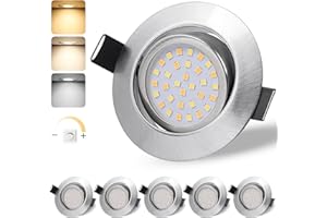 ‎GEYOULUX GeyouLux LED Einbaustrahler 230V Dimmbar, 6W IP44 Deckenspots, Einbauleuchten 65-75mm EinbauØ, 45° Schwenkbar 3000K/4000K/6500K Flach Einbauspots, 3CCT Spots für Badezimmer Wohnzimmer 6er Set Nickel