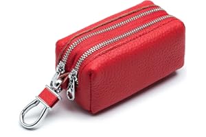 RRvane Genuine Leather Car Key Case, Unisex Double Zipper Keychain Wallet Coin Purse Bag with Metal Hook (Red)