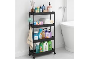 powerking 4-Tier Slim Rolling Utility Storage Cart, Carro de Trolley, Organizador de Estantes Móviles para Cocina, Lavandería, Sala de Estar, Baño, Oficina, Lugares Estrechos (Negro, 4-Tiers)