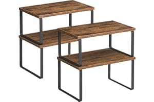 SONGMICS Organizzatori da Cucina, Set di 4 Scaffali da Banco, Portaoggetti per Armadietto, Impilabile, Espandibile, Metallo e Legno Ingegnerizzato, Nero Inchiostro e Marrone Vintage KCS021X01