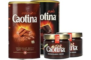 Poudre de chocolat à boire Caotina Original et Noir Dark Dark (2x 500g) et crème à tartiner au chocolat Caotina Original (2x300g), qualité suisse, durable et certifiée