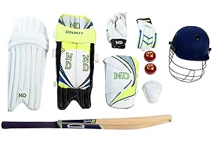 ND SPORTS ND County Cricket Kit 10Pc Bat Ball Pad Leg Guard Glove Bat Set UK