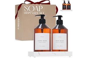 FINESSY Amber Hand Dish Soap Dispenser for Kitchen Countertop and Bathroom with Tray Set for Refillable Liquid Detergent Dishwasher and Lotion Bottles, Farmhouse Kitchen Soap Dispenser Set with Pump