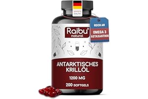 ‎RAIBU Krillöl 1.200 mg - 200 Weichkapseln, Reich an Omega-3, -6, -9, Astaxanthin und Phospholipiden - Mehr als 3 Monate Vorrat - Frei von Gluten, Laktose und künstlichen Aromen - Kein Fischgeschmack