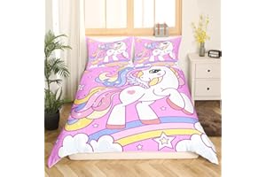 HOMEWISH Einhorn Bettwäsche 135x200 Mädchen Cartoon Regenbogen Einhorn Bettwäsche Set Kawaii Einhorn Tier Bettbezug für Kinder Jugend Funkelnde Sterne Mond Galaxie Bettbezug Rosa Prinzessin Schlafzimmer Dekor