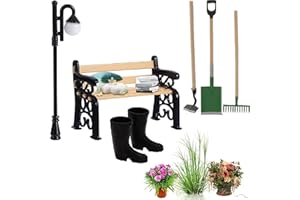 DONGZQAN 7 Stück Miniatur Gartenbank Straßenlaterne, Möbel Deko Mini Ornament, 3 Gartengeräte, 1 Parkstraßenlaterne, 1 Parkbank und 1 Paar Mini-Regenstiefel, Geeignet zum Dekorieren eines Minigartens