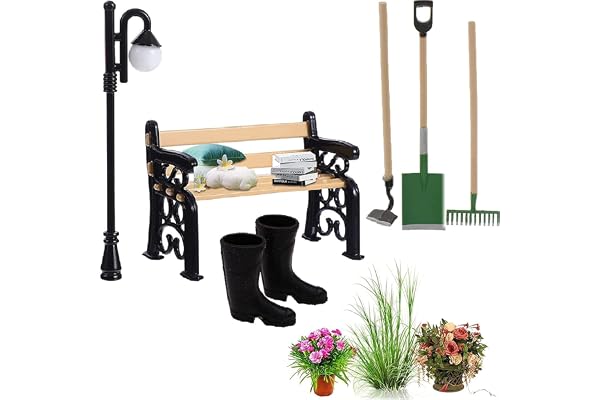 DONGZQAN 7 stycken trädgårdsbänklyktor, möbeldekoration miniornament, 3 trädgårdsredskap, 1 parkgatykta, 1 parkbänk och 2 par miniregnstövlar