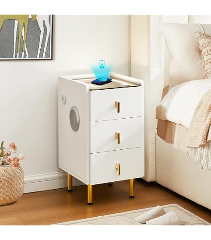 Comodino CLIPOP Con 3 Cassetti E Luci LED - Bianco Lucido, Design Moderno Con Vano Ribaltabile Per Camera Da Letto