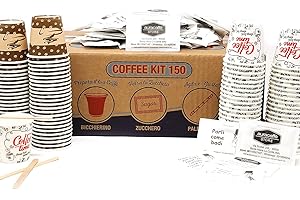 AURACAFFE' Bicchieri in Carta per Caffè 75 ml da 450 pezzi con 450 palettine e 450 bustine di zucchero (kit accessori)