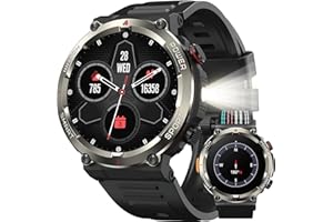 IOWODO Montre Connectée Homme, Appels Bluetooth, Batterie 960mAh, Boussole, Lampe de Poche, 100+ Modes Sportifs, Analyse de la Fréquence Cardiaque et du Sommeil, pour Android/iOS