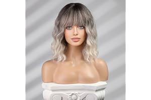 WOKESTAR Bob Wigs With Neat Fringe, Wavy Synthetic Wigs for Women Ombre Grey Color