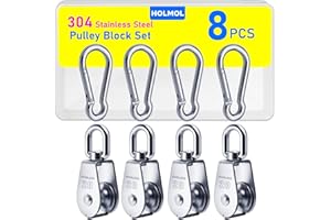 HOLMOL Flaschenzug Umlenkrolle 8 Stück, 304 Edelstahl M20 Umlenkrollen für Seile, 4 Stück Seilrolle mit 4 Stück Karabiner M6 für Sonnensegel Fitness Seilwinde Tragkraft 75KG